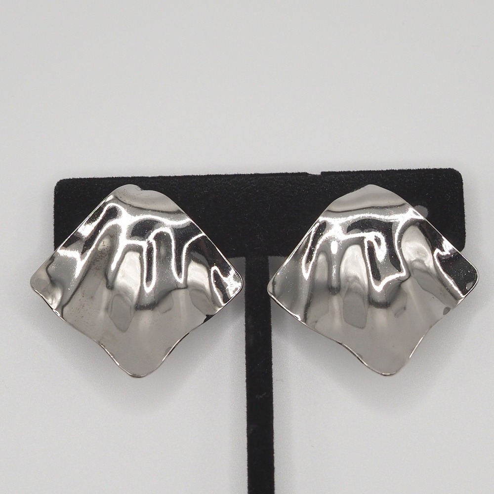 Vintage Clip On Earrings Silver Tone Molten Sculptural Wavy Diamond Shape Chunky